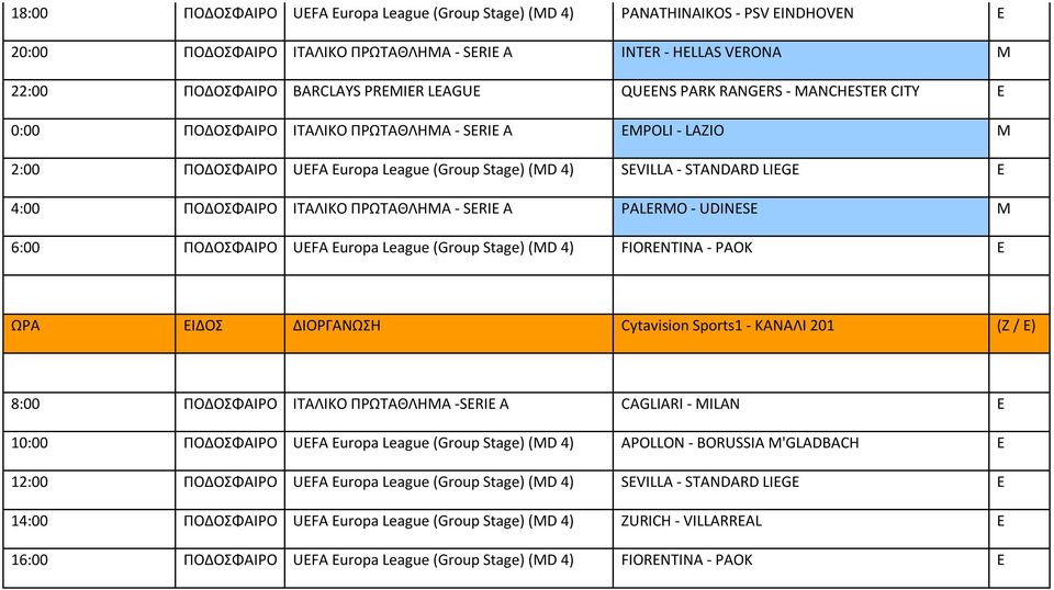 ΙΤΑΛΙΚΟ ΠΡΩΤΑΘΛΗΜΑ - SERIE A PALERMO - UDINESE M 6:00 ΠΟΔΟΣΦΑΙΡΟ UEFA Europa League (Group Stage) (MD 4) FIORENTINA - PAOK E ΩΡΑ ΕΙΔΟΣ ΔΙΟΡΓΑΝΩΣΗ Cytavision Sports1 - ΚΑΝΑΛΙ 201 ( / Ε) 8:00