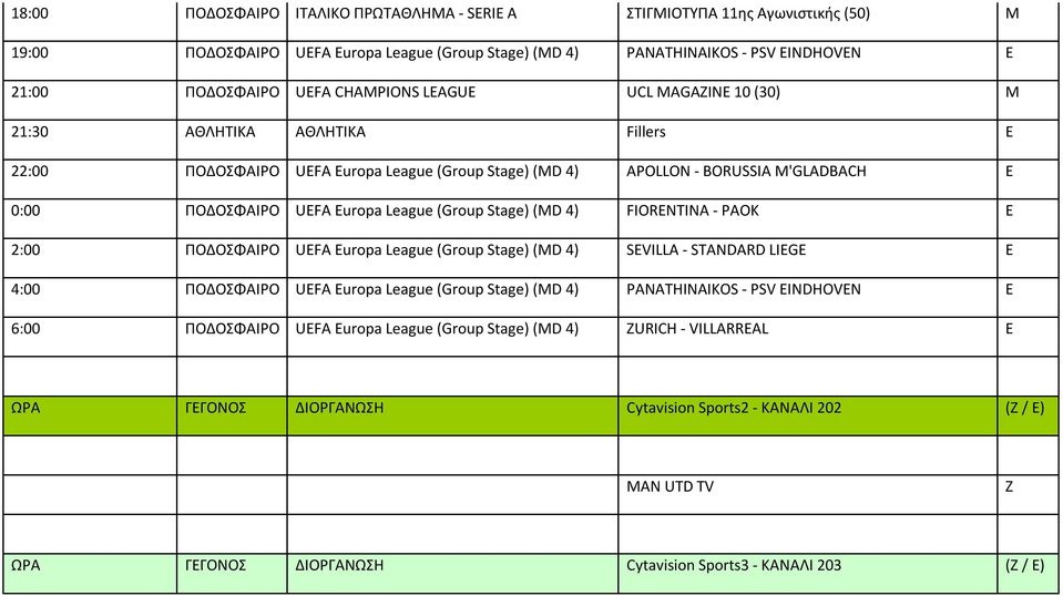 (Group Stage) (MD 4) FIORENTINA - PAOK E 2:00 ΠΟΔΟΣΦΑΙΡΟ UEFA Europa League (Group Stage) (MD 4) SEVILLA - STANDARD LIEGE E 4:00 ΠΟΔΟΣΦΑΙΡΟ UEFA Europa League (Group Stage) (MD 4) PANATHINAIKOS - PSV