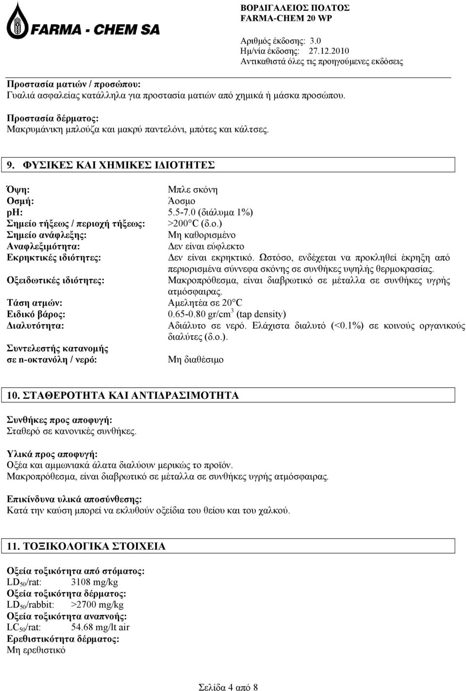 Ωστόσο, ενδέχεται να προκληθεί έκρηξη από περιορισμένα σύννεφα σκόνης σε συνθήκες υψηλής θερμοκρασίας. Οξειδωτικές ιδιότητες: Μακροπρόθεσμα, είναι διαβρωτικό σε μέταλλα σε συνθήκες υγρής ατμόσφαιρας.