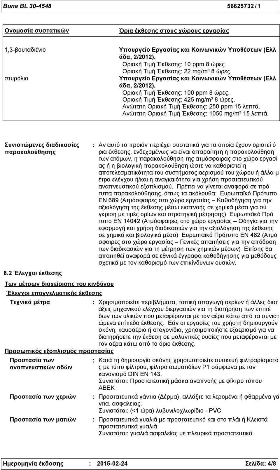 Οριακή Τιµή Έκθεσης 425 mg/m³ 8 ώρες. Ανώτατη Οριακή Τιµή Έκθεσης 250 ppm 15 λεπτά. Ανώτατη Οριακή Τιµή Έκθεσης 1050 mg/m³ 15 λεπτά. Συνιστώμενες διαδικασίες παρακολούθησης 8.