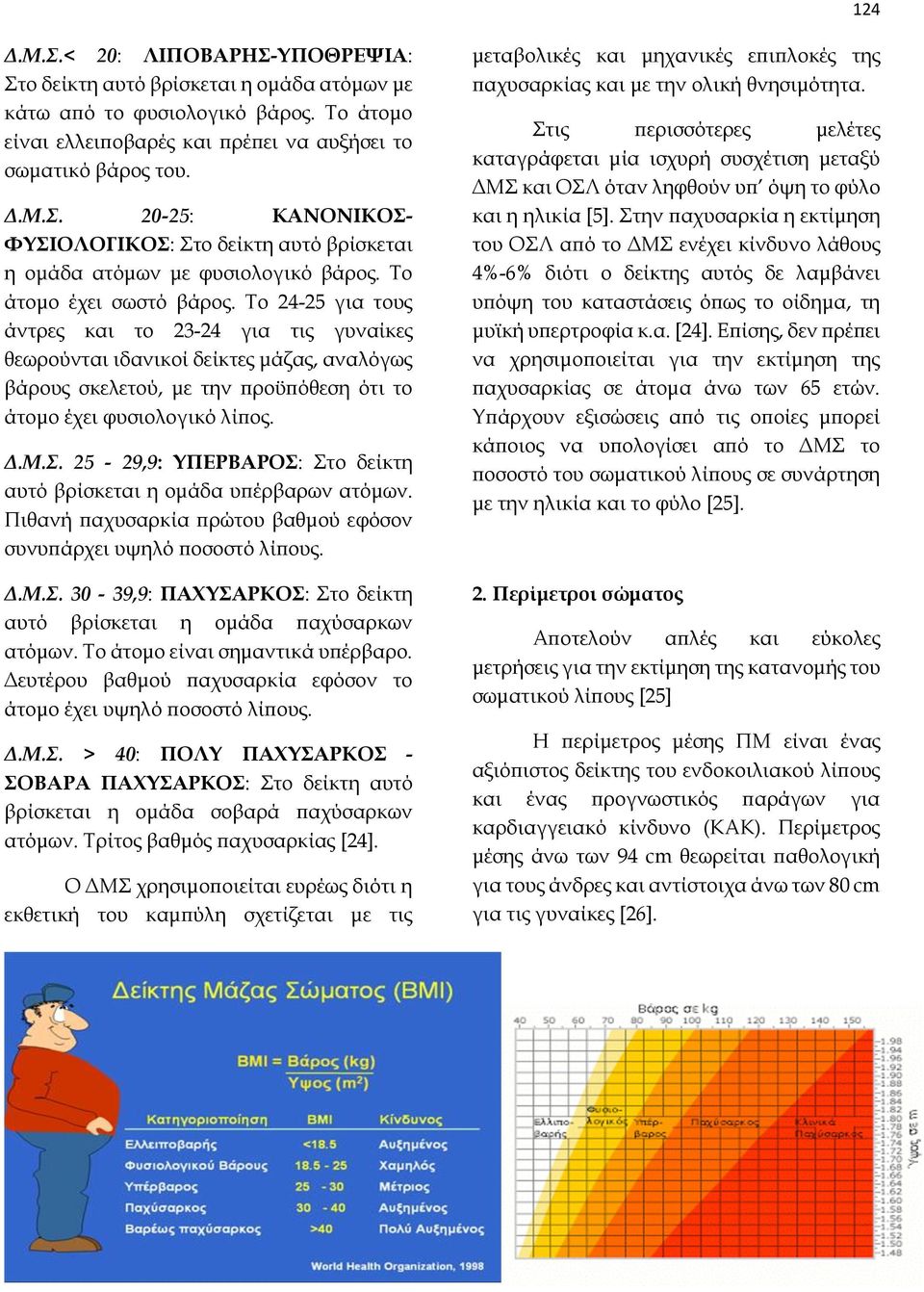 Μ.Σ. 25-29,9: ΥΠΕΡΒΑΡΟΣ: Στο δείκτη αυτό βρίσκεται η ομάδα υπέρβαρων ατόμων. Πιθανή παχυσαρκία πρώτου βαθμού εφόσον συνυπάρχει υψηλό ποσοστό λίπους. Δ.Μ.Σ. 30-39,9: ΠΑΧΥΣΑΡΚΟΣ: Στο δείκτη αυτό βρίσκεται η ομάδα παχύσαρκων ατόμων.