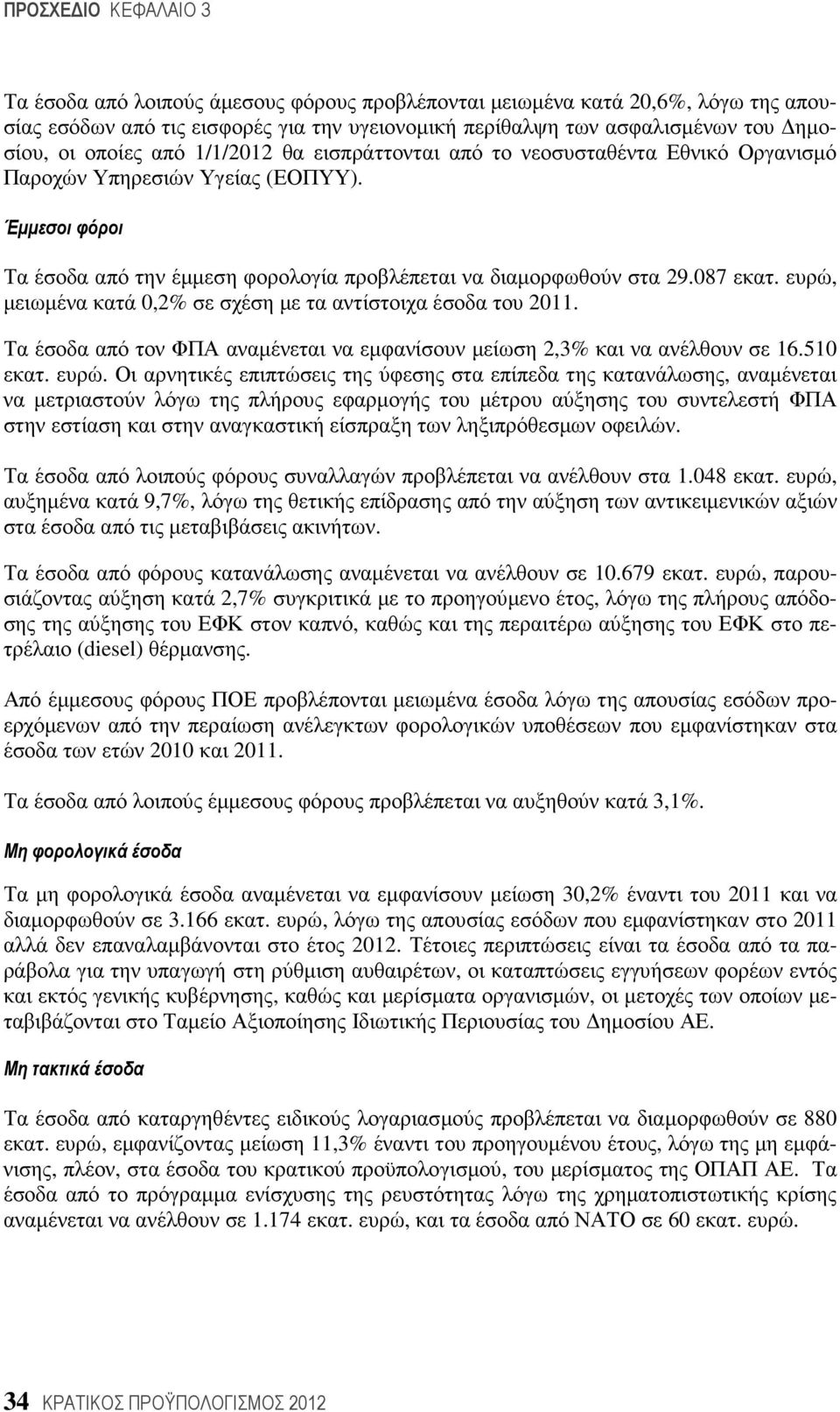 ευρώ, µειωµένα κατά 0,2% σε σχέση µε τα αντίστοιχα έσοδα του 2011. Τα έσοδα από τον ΦΠΑ αναµένεται να εµφανίσουν µείωση 2,3% και να ανέλθουν σε 16.510 εκατ. ευρώ.