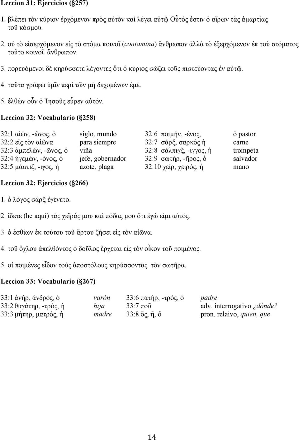 Leccion 32: Vocabulario ( 258) 32:1 αἰών, -ῶνος, ὁ siglo, mundo 32:6 ποιµήν, -ένος, ὁ pastor 32:2 εἰς τὸν αἰῶνα para siempre 32:7 σάρξ, σαρκός ἡ carne 32:3 ἀµπελών, -ῶνος, ὁ viña 32:8 σάλπιγξ,