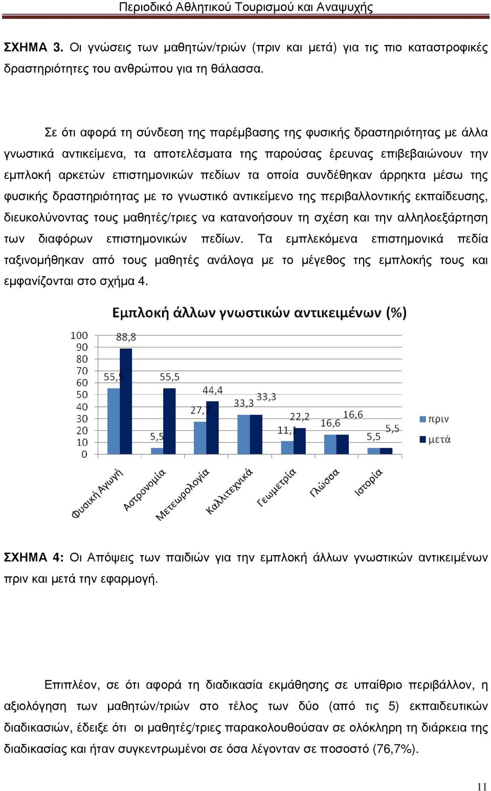 συνδέθηκαν άρρηκτα µέσω της φυσικής δραστηριότητας µε το γνωστικό αντικείµενο της περιβαλλοντικής εκπαίδευσης, διευκολύνοντας τους µαθητές/τριες να κατανοήσουν τη σχέση και την αλληλοεξάρτηση των