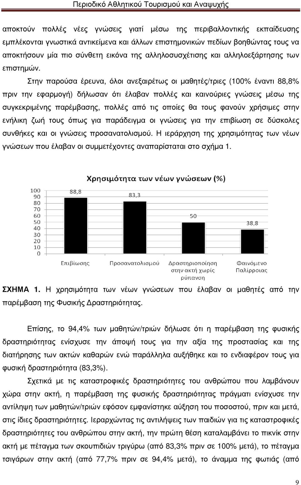 Στην παρούσα έρευνα, όλοι ανεξαιρέτως οι µαθητές/τριες (100% έναντι 88,8% πριν την εφαρµογή) δήλωσαν ότι έλαβαν πολλές και καινούριες γνώσεις µέσω της συγκεκριµένης παρέµβασης, πολλές από τις οποίες