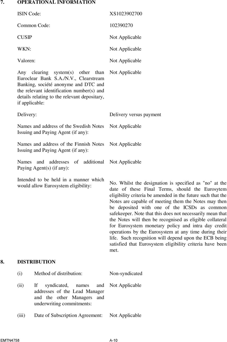 , Clearstream Banking, société anonyme and DTC and the relevant identification number(s) and details relating to the relevant depositary, if applicable: Delivery: Names and address of the Swedish