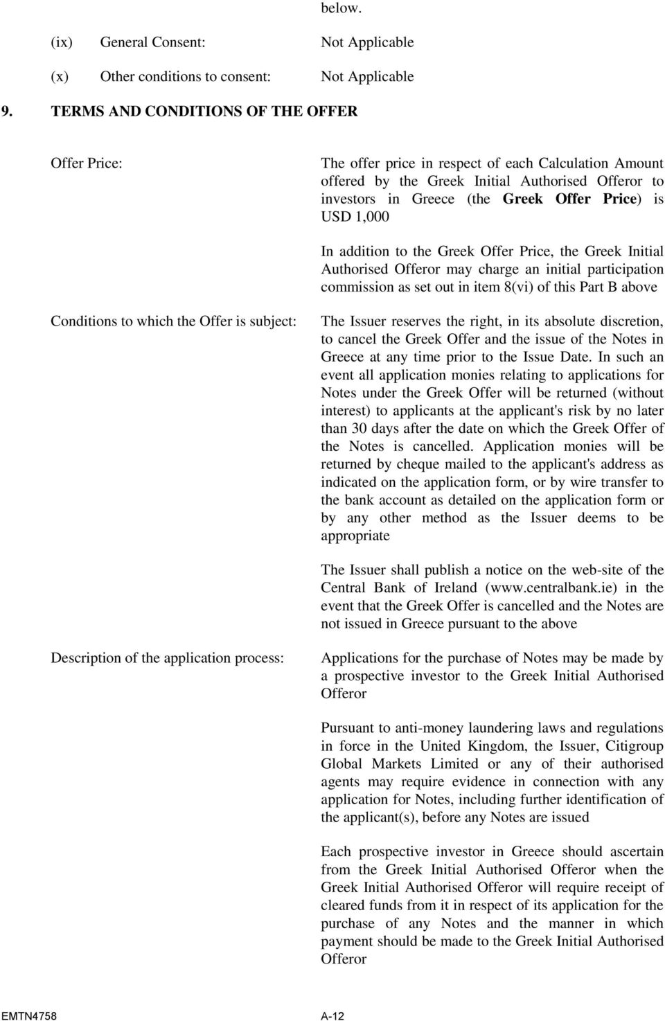 USD 1,000 In addition to the Greek Offer Price, the Greek Initial Authorised Offeror may charge an initial participation commission as set out in item 8(vi) of this Part B above Conditions to which