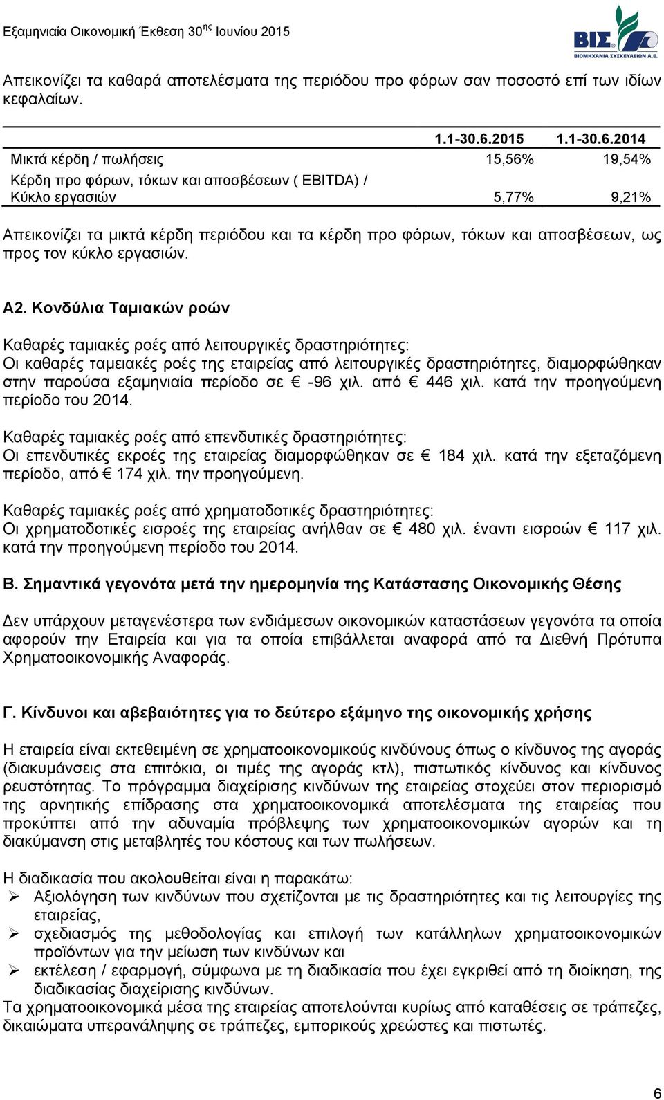 2014 Μικτά κέρδη / πωλήσεις 15,56% 19,54% Κέρδη προ φόρων, τόκων και αποσβέσεων ( EBITDA) / Κύκλο εργασιών 5,77% 9,21% Απεικονίζει τα μικτά κέρδη περιόδου και τα κέρδη προ φόρων, τόκων και