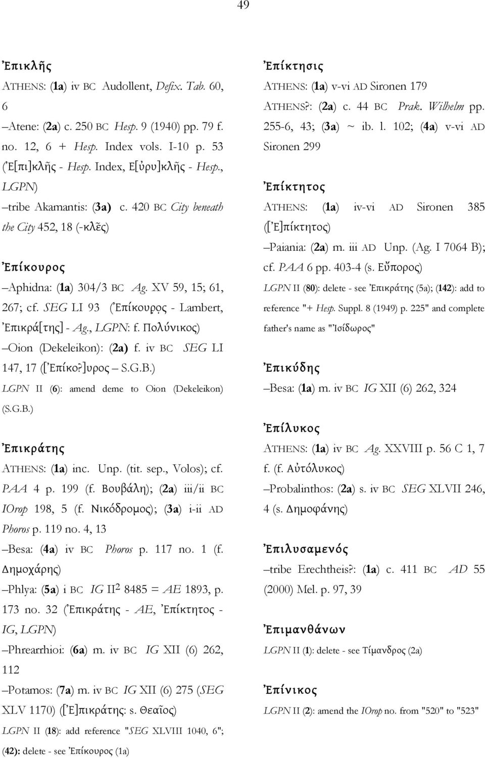 , LGPN: f. Πολύνικος) Oion (Dekeleikon): (2a) f. iv BC SEG LI 147, 17 ([Ἐπίκο?]υρος S.G.B.) LGPN II (6): amend deme to Oion (Dekeleikon) (S.G.B.) Ἐπικράτης ATHENS: (1a) inc. Unp. (tit. sep.