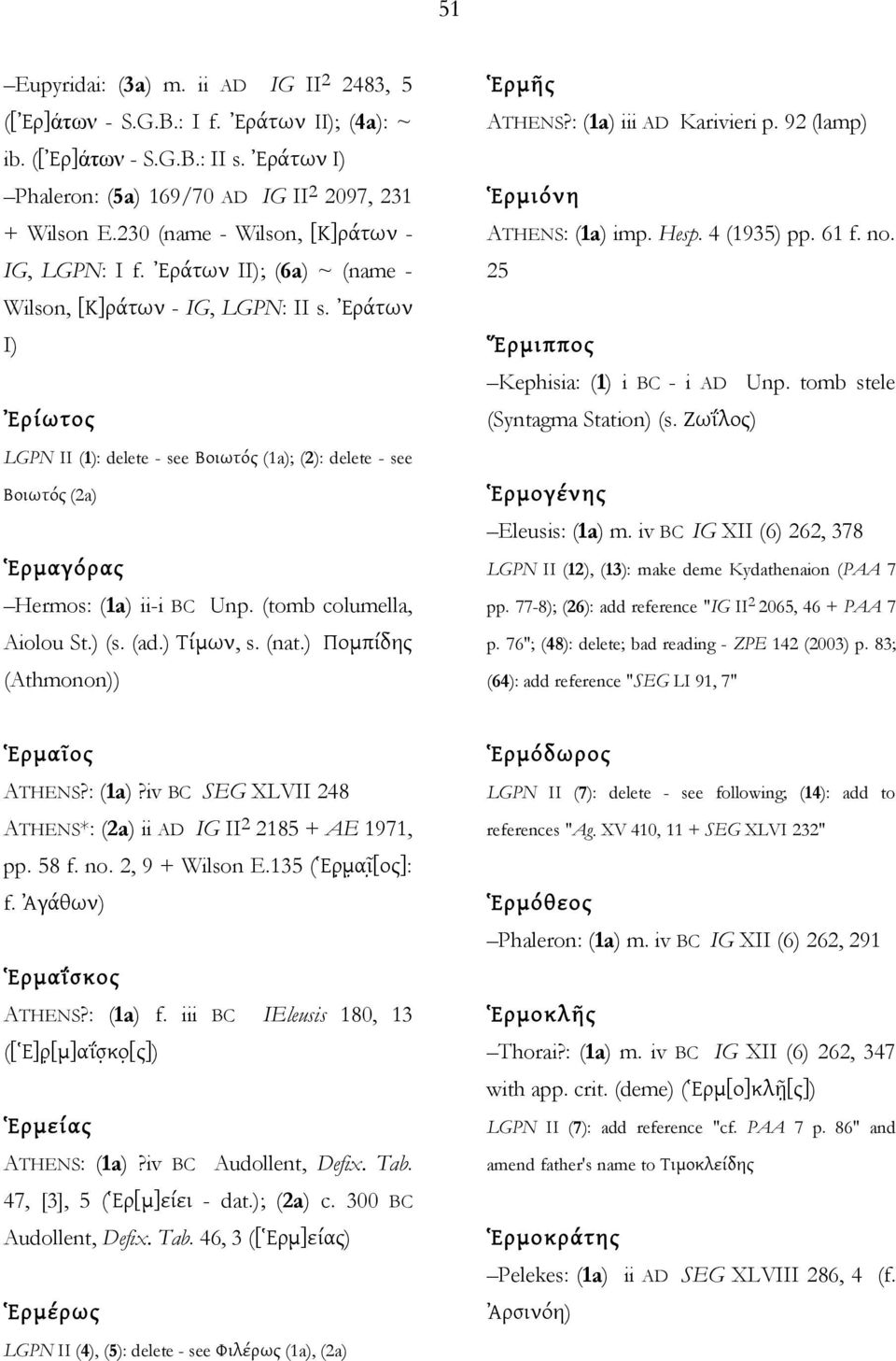 Ἐράτων I) Ἐρίωτος LGPN II (1): delete - see Βοιωτός (1a); (2): delete - see Βοιωτός (2a) Ἑρμαγόρας Hermos: (1a) ii-i BC Unp. (tomb columella, Aiolou St.) (s. (ad.) Τίμων, s. (nat.