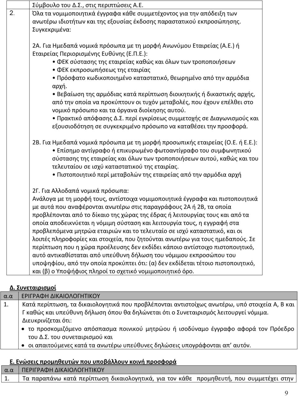 αιρείας (Α.Ε.) ή Εταιρείας Περιορισμένης Ευθύνης (Ε.Π.Ε.): ΦΕΚ σύστασης της εταιρείας καθώς και όλων των τροποποιήσεων ΦΕΚ εκπροσωπήσεως της εταιρίας Πρόσφατο κωδικοποιημένο καταστατικό, θεωρημένο από την αρμόδια αρχή.