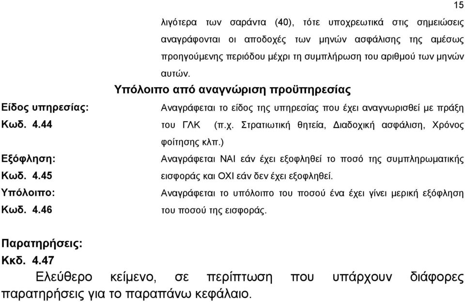 Υπόλοιπο από αναγνώριση προϋπηρεσίας Αναγράφεται το είδος της υπηρεσίας που έχει αναγνωρισθεί µε πράξη του ΓΛΚ (π.χ. Στρατιωτική θητεία, ιαδοχική ασφάλιση, Χρόνος φοίτησης κλπ.