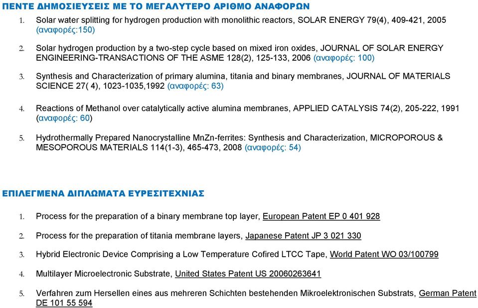 Synthesis and Characterization of primary alumina, titania and binary membranes, JOURNAL OF MATERIALS SCIENCE 27( 4), 1023-1035,1992 (αναφορές: 63) 4.