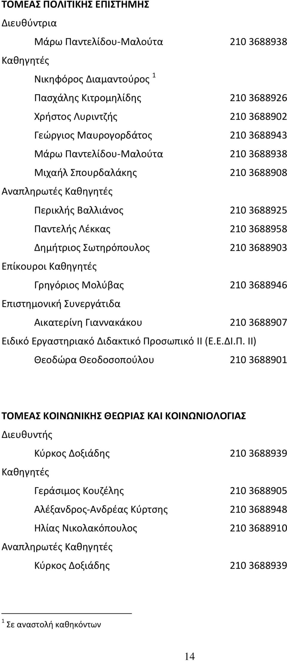 Eπίκουροι Καθηγητές Γρηγόριος Μολύβας 210 3688946 Eπιστημονική Συνεργάτιδα Αικατερίνη Γιαννακάκου 210 3688907 Ειδικό Εργαστηριακό Διδακτικό Πρ