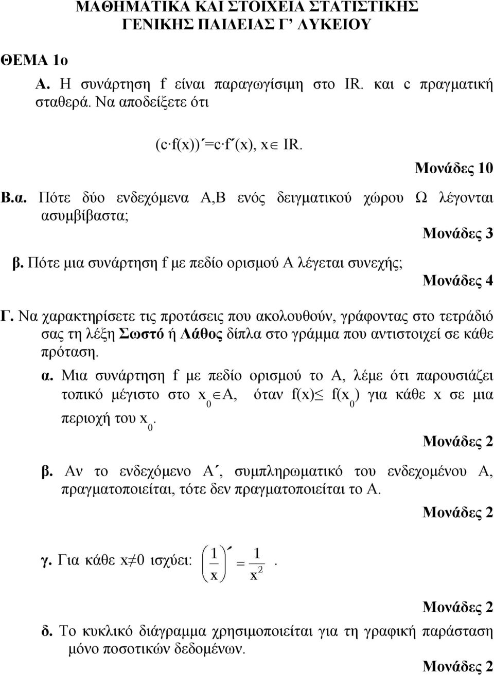 Να χαρακτηρίσετε τις προτάσεις που ακολουθούν, γράφοντας στο τετράδιό σας τη λέξη Σωστό ή Λάθος δίπλα στο γράμμα που αντιστοιχεί σε κάθε πρόταση. α. Μια συνάρτηση f με πεδίο ορισμού το Α, λέμε ότι παρουσιάζει τοπικό μέγιστο στο A, όταν f() f( ) για κάθε σε μια 0 0 περιοχή του.