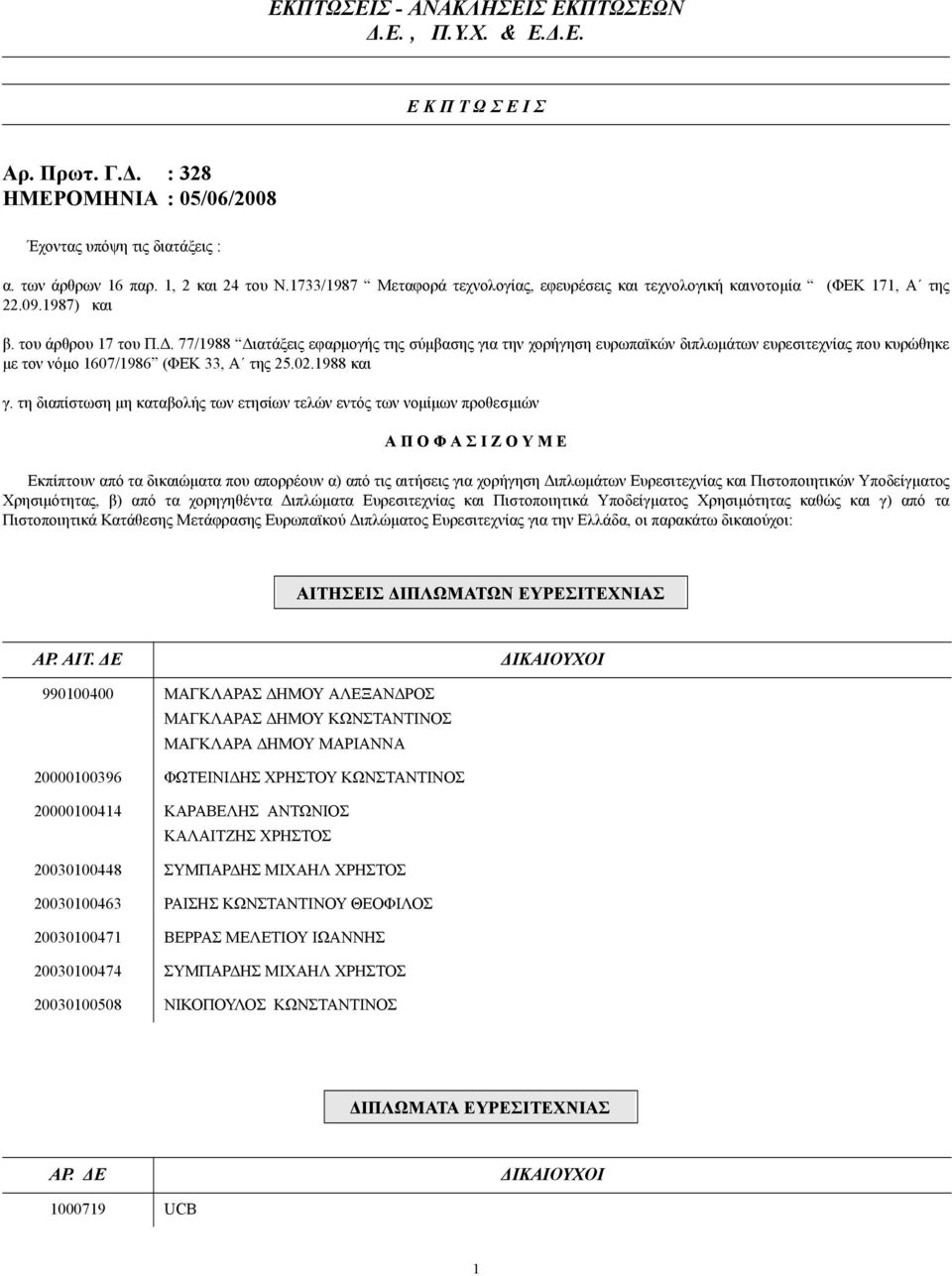 . 77/1988 ιατάξεις εφαρµογής της σύµβασης για την χορήγηση ευρωπαϊκών διπλωµάτων ευρεσιτεχνίας που κυρώθηκε µε τον νόµο 1607/1986 (ΦΕΚ 33, Α της 25.02.1988 και γ.