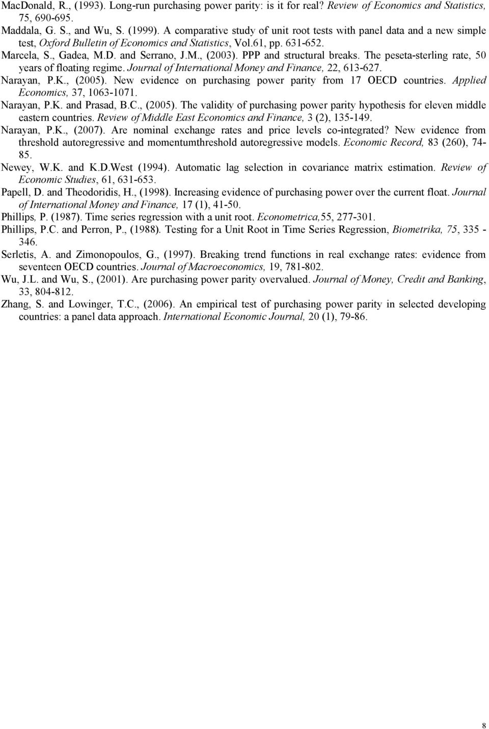 PPP and srucural breaks. The pesea-serling rae, 50 years of floaing regime. Journal of Inernaional Money and Finance,, 63-67. Narayan, P.K., (005).