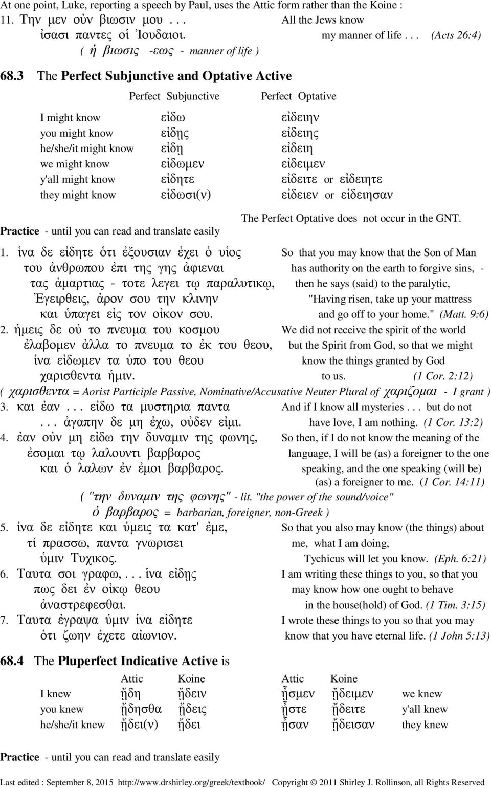 3 The Perfect Subjunctive and Optative Active Perfect Subjunctive Perfect Optative I might know εἰδω εἰδειην you might know εἰδῃς εἰδειης he/she/it might know εἰδῃ εἰδειη we might know εἰδωµεν