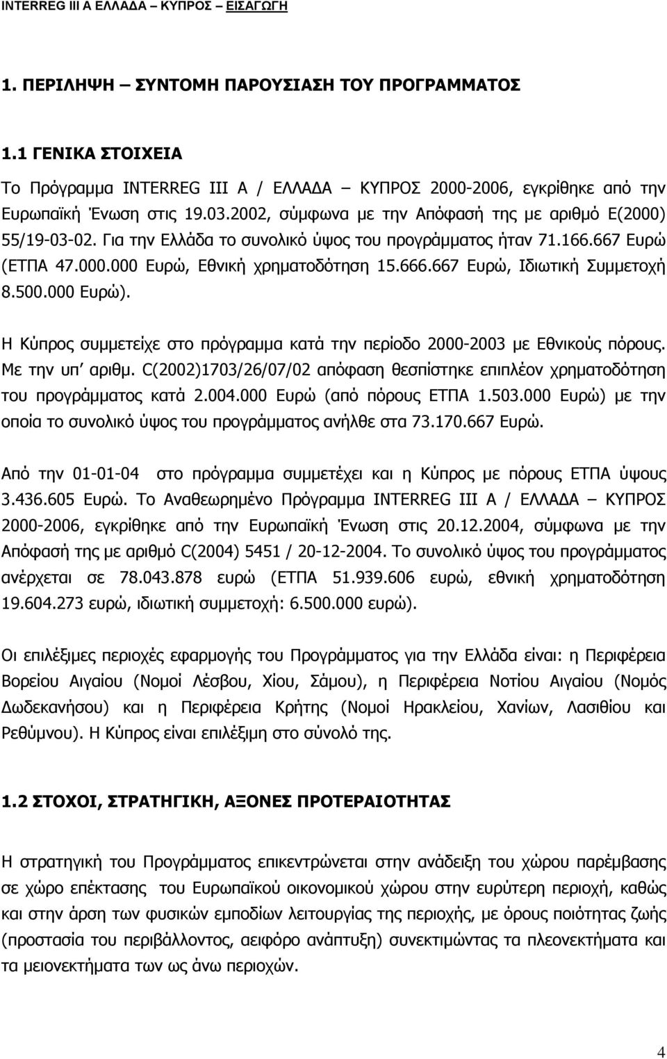 Για την Ελλάδα το συνολικό ύψος του προγράμματος ήταν 71.166.667 Ευρώ (ΕΤΠΑ 47.000.000 Ευρώ, Εθνική χρηματοδότηση 15.666.667 Ευρώ, Ιδιωτική Συμμετοχή 8.500.000 Ευρώ).