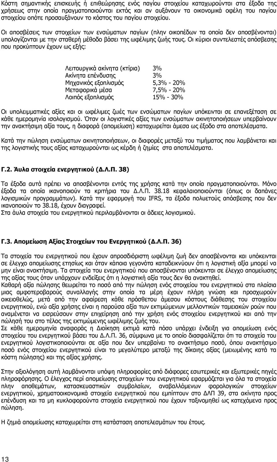 Οι αποσβέσεις των στοιχείων των ενσώματων παγίων (πλην οικοπέδων τα οποία δεν αποσβένονται) υπολογίζονται με την σταθερή μέθοδο βάσει της ωφέλιμης ζωής τους.
