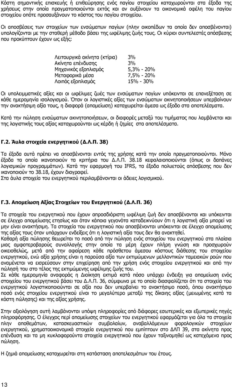 Οι αποσβέσεις των στοιχείων των ενσώματων παγίων (πλην οικοπέδων τα οποία δεν αποσβένονται) υπολογίζονται με την σταθερή μέθοδο βάσει της ωφέλιμης ζωής τους.