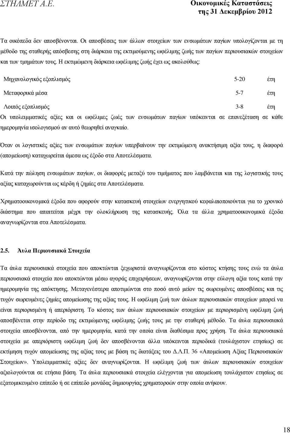 τους. Η εκτιμώμενη διάρκεια ωφέλιμης ζωής έχει ως ακολούθως: Μηχανολογικός εξοπλισμός 5-20 έτη Μεταφορικά μέσα 5-7 έτη Λοιπός εξοπλισμός 3-8 έτη Οι υπολειμματικές αξίες και οι ωφέλιμες ζωές των