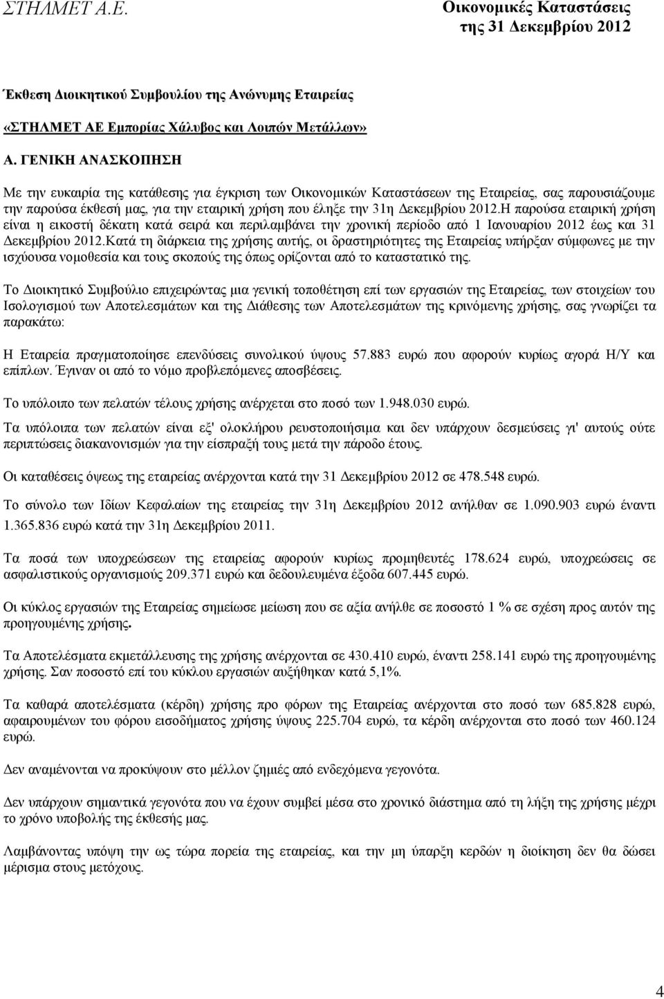 2012.Η παρούσα εταιρική χρήση είναι η εικοστή δέκατη κατά σειρά και περιλαμβάνει την χρονική περίοδο από 1 Ιανουαρίου 2012 έως και 31 Δεκεμβρίου 2012.