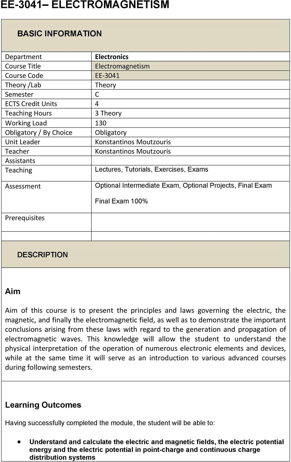 Intermediate Exam, Optional Projects, Final Exam Final Exam 100% Prerequisites DESCRIPTION Aim Aim of this course is to present the principles and laws governing the electric, the magnetic, and