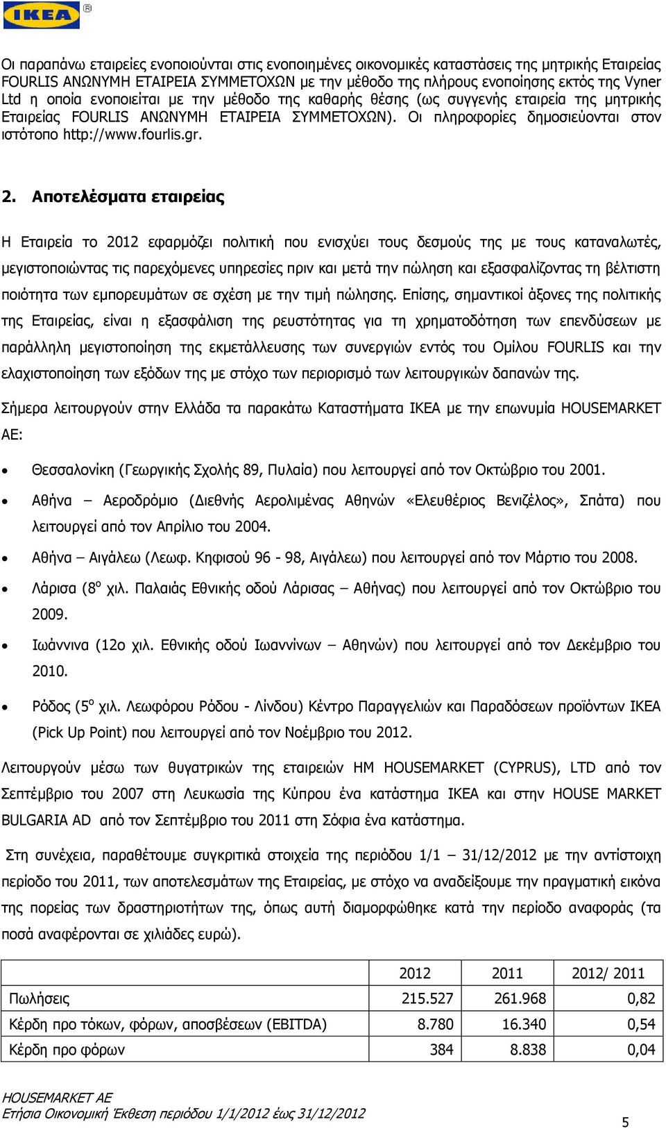 2. Αποτελέσματα εταιρείας Η Εταιρεία το 2012 εφαρμόζει πολιτική που ενισχύει τους δεσμούς της με τους καταναλωτές, μεγιστοποιώντας τις παρεχόμενες υπηρεσίες πριν και μετά την πώληση και