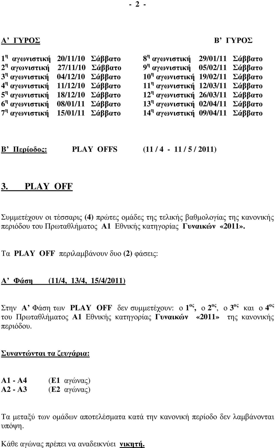 02/04/11 Σάββατο 7 η αγωνιστική 15/01/11 Σάββατο 14 η αγωνιστική 09/04/11 Σάββατο B Περίοδος: PLAY OFFS (11 / 4-11 / 5 / 2011) 3.