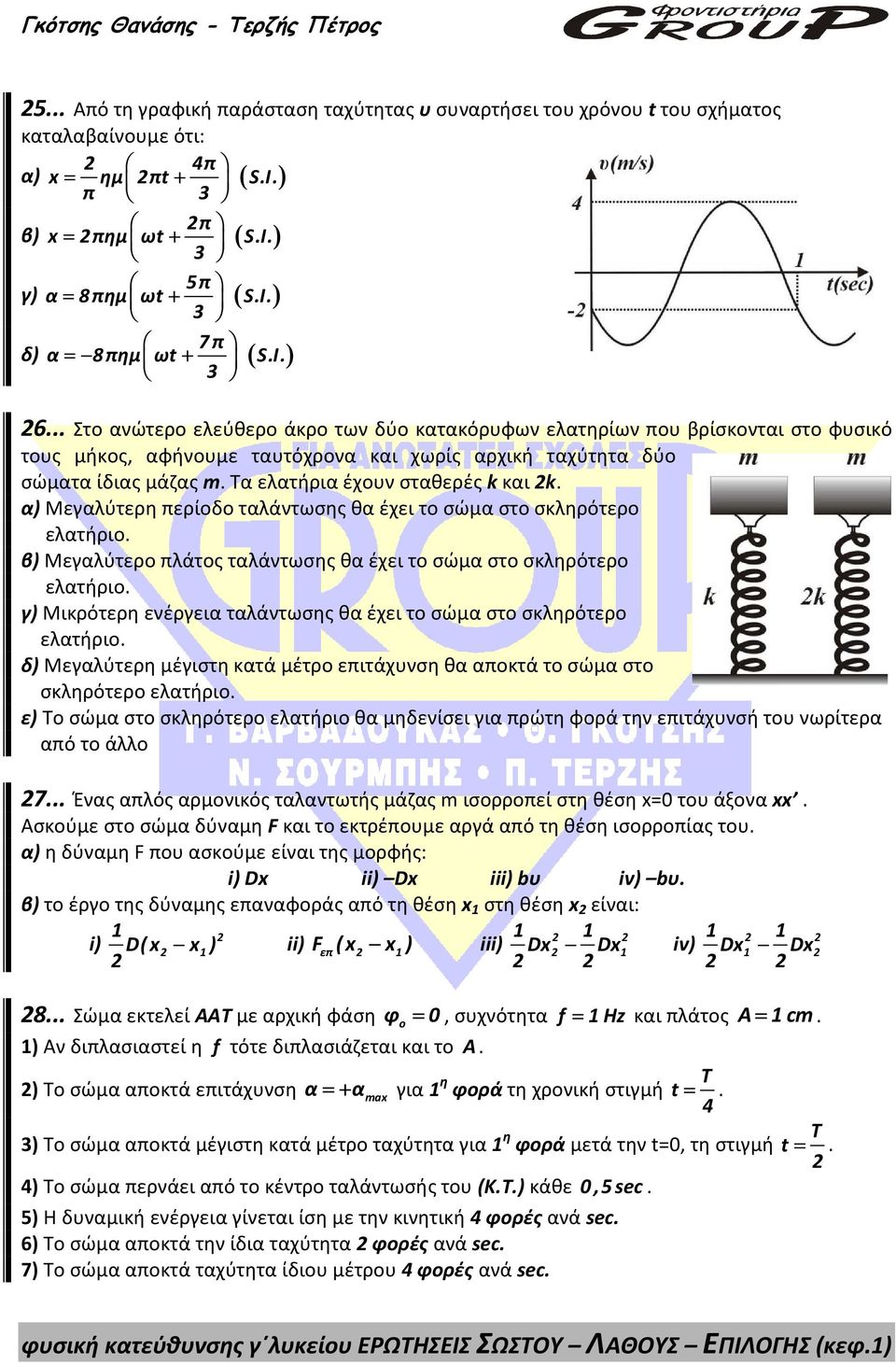 Τα ελατήρια έχουν σταθερές k και k. α) Μεγαλύτερη περίοδο ταλάντωσης θα έχει το σώμα στο σκληρότερο ελατήριο. β) Μεγαλύτερο πλάτος ταλάντωσης θα έχει το σώμα στο σκληρότερο ελατήριο.