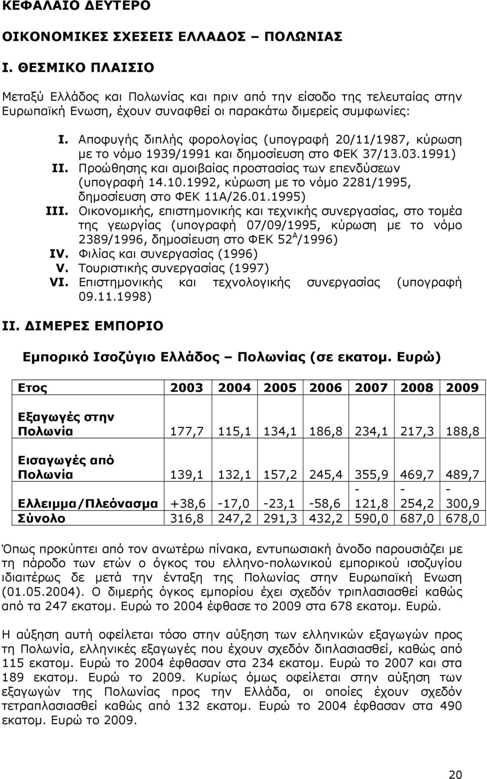 Αποφυγής διπλής φορολογίας (υπογραφή 20/11/1987, κύρωση με το νόμο 1939/1991 και δημοσίευση στο ΦΕΚ 37/13.03.1991) II. Προώθησης και αμοιβαίας προστασίας των επενδύσεων (υπογραφή 14.10.