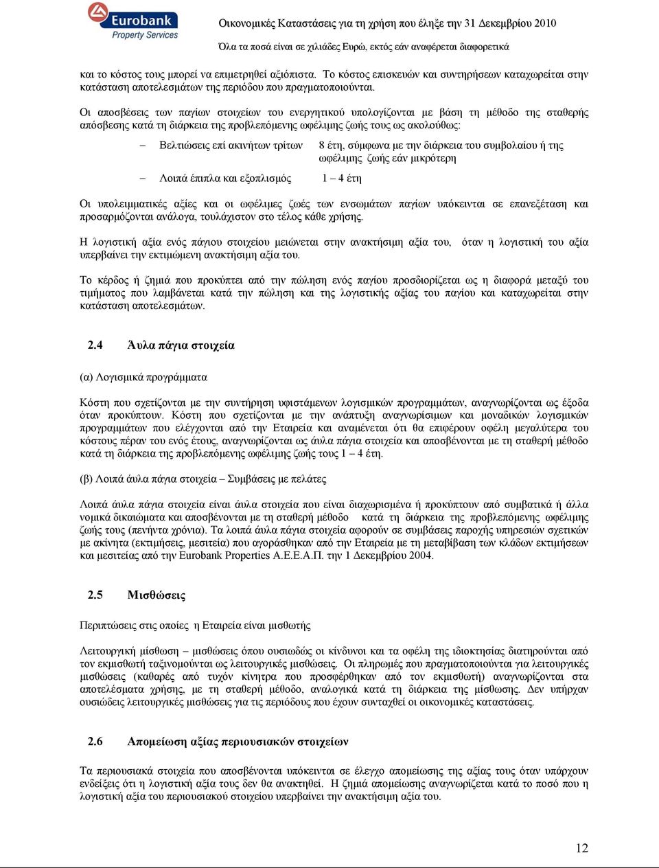 τρίτων 8 έτη, σύμφωνα με την διάρκεια του συμβολαίου ή της ωφέλιμης ζωής εάν μικρότερη Λοιπά έπιπλα και εξοπλισμός 1 4 έτη Οι υπολειμματικές αξίες και οι ωφέλιμες ζωές των ενσωμάτων παγίων υπόκεινται