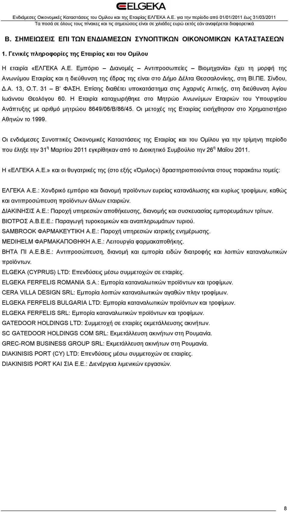 Η Εταιρία καταχωρήθηκε στο Μητρώο Ανωνύμων Εταιριών του Υπουργείου Ανάπτυξης με αριθμό μητρώου 8649/06/Β/86/45. Οι μετοχές της Εταιρίας εισήχθησαν στο Χρηματιστήριο Αθηνών το 1999.