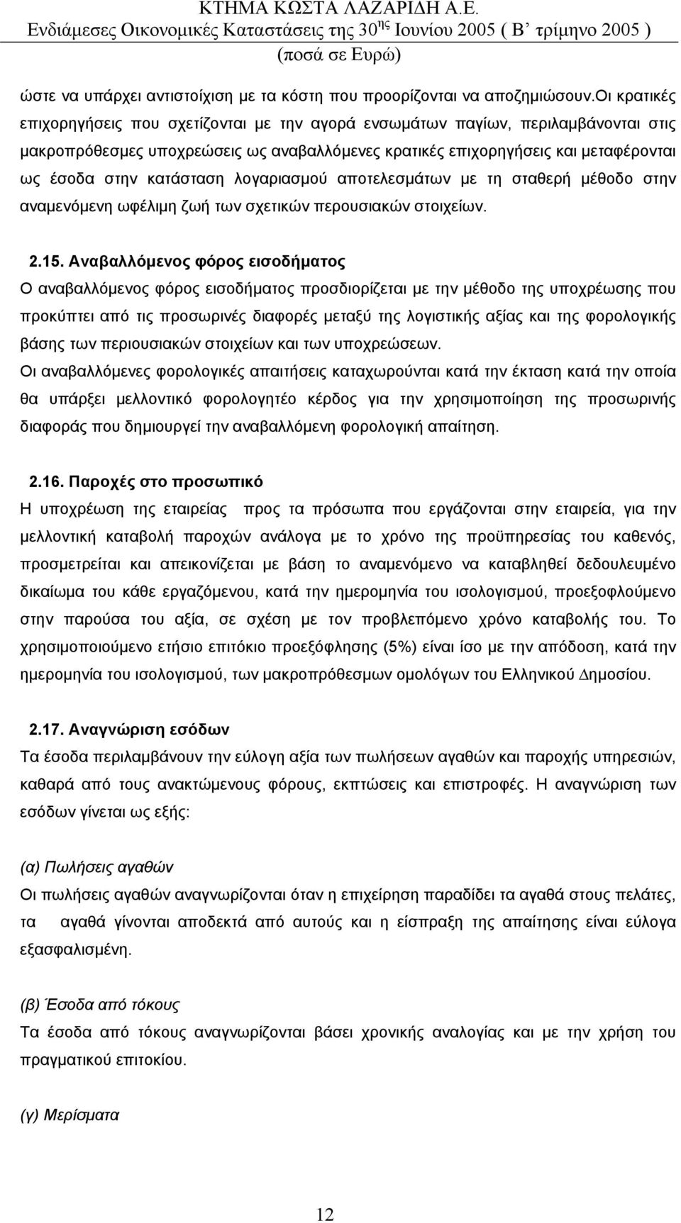 κατάσταση λογαριασµού αποτελεσµάτων µε τη σταθερή µέθοδο στην αναµενόµενη ωφέλιµη ζωή των σχετικών περουσιακών στοιχείων. 2.15.