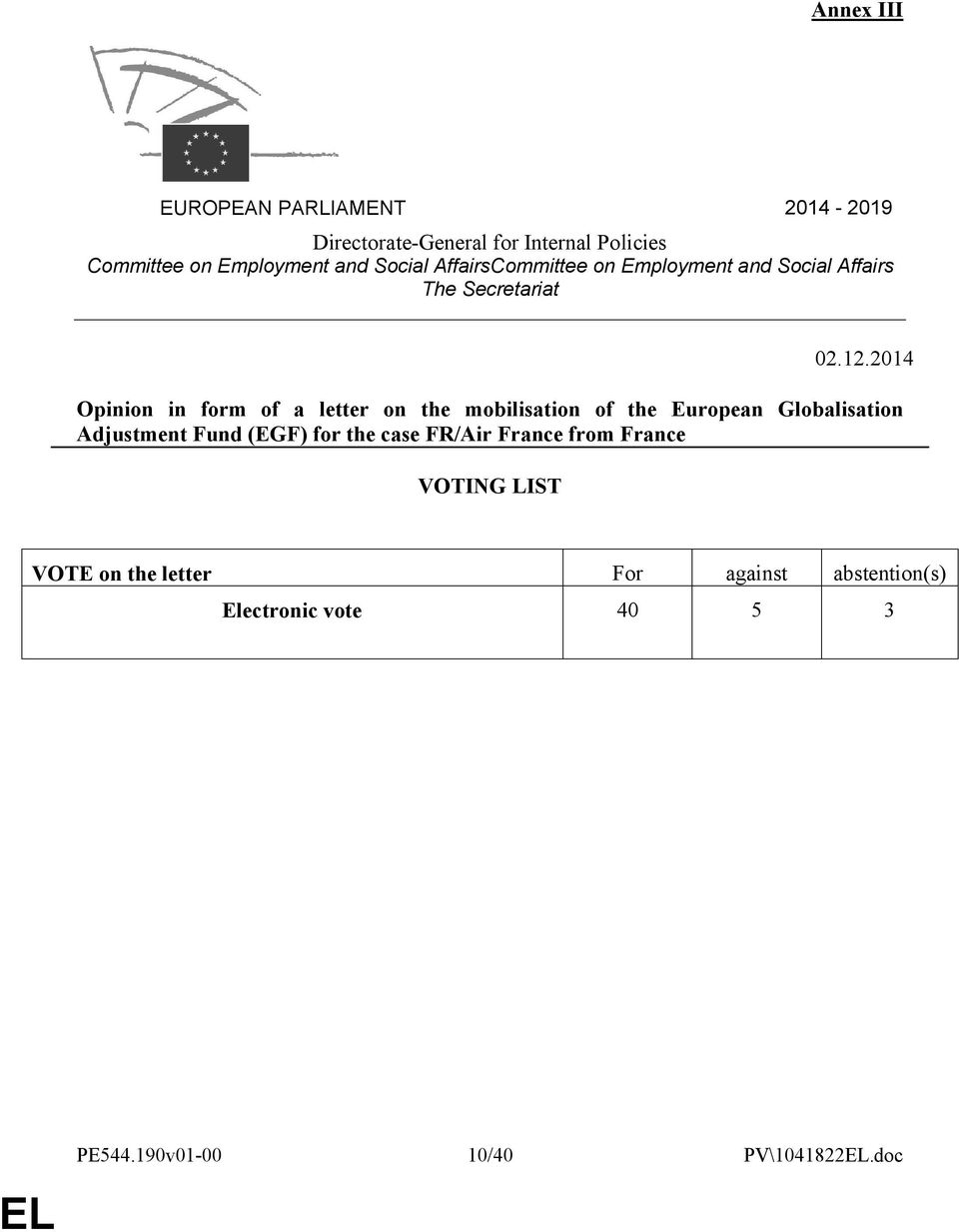 2014 Opinion in form of a letter on the mobilisation of the European Globalisation Adjustment Fund (EGF) for the