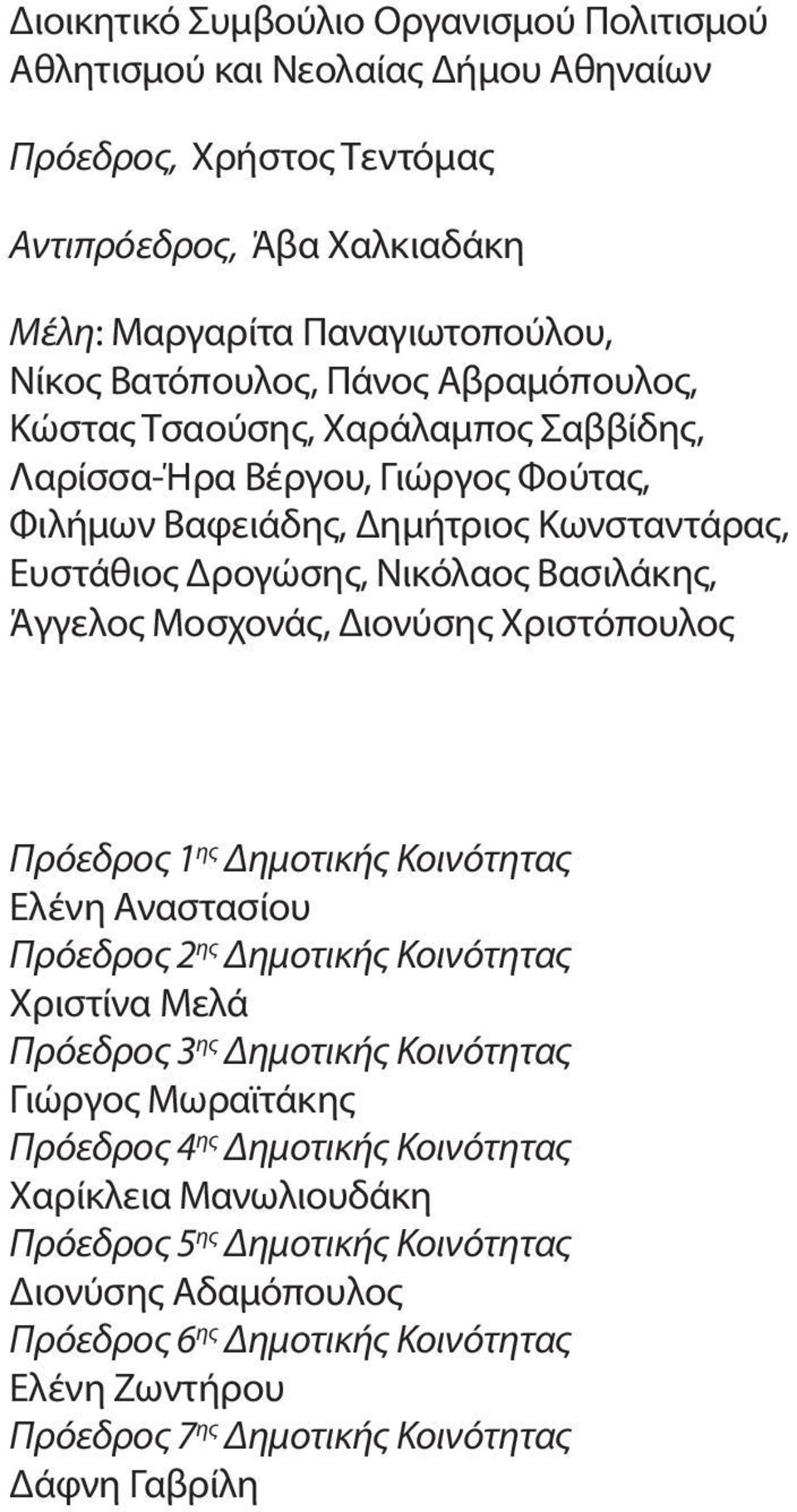 Μοσχονάς, Διονύσης Χριστόπουλος Πρόεδρος 1 ης Δημοτικής Κοινότητας Ελένη Αναστασίου Πρόεδρος 2 ης Δημοτικής Κοινότητας Χριστίνα Μελά Πρόεδρος 3 ης Δημοτικής Κοινότητας Γιώργος Μωραϊτάκης