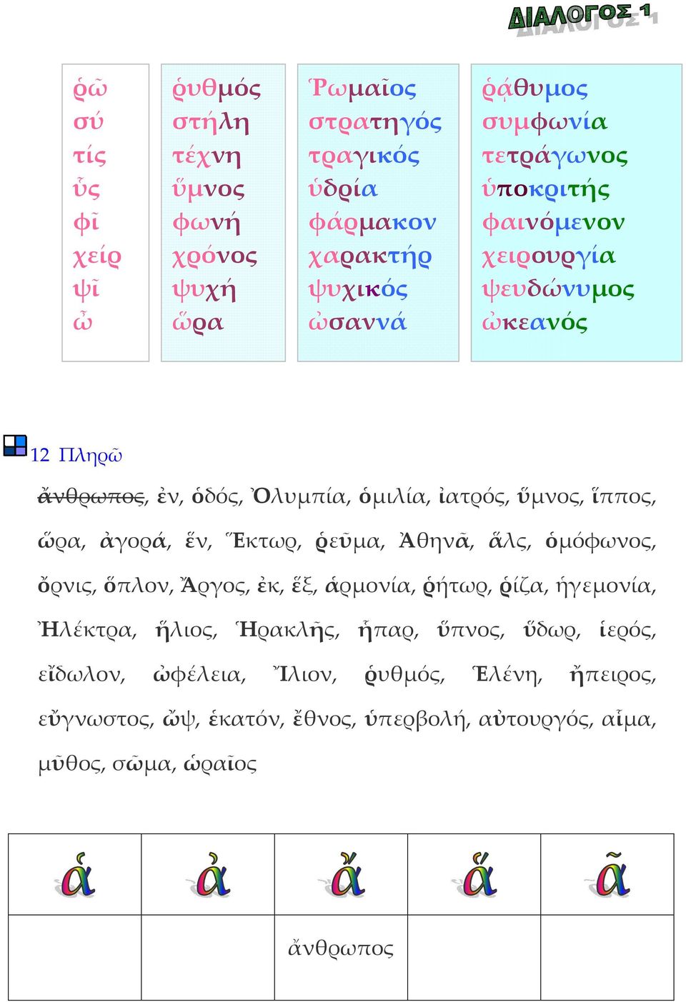 ἀγορά, ἕν, Ἕκτωρ, ῥεῦμα, Ἀθηνᾶ, ἅλς, ὁμόφωνος, ὄρνις, ὅπλον, Ἄργος, ἐκ, ἕξ, ἁρμονία, ῥήτωρ, ῥίζα, ἡγεμονία, Ἠλέκτρα, ἥλιος, Ἡρακλῆς, ἧπαρ, ὕπνος,