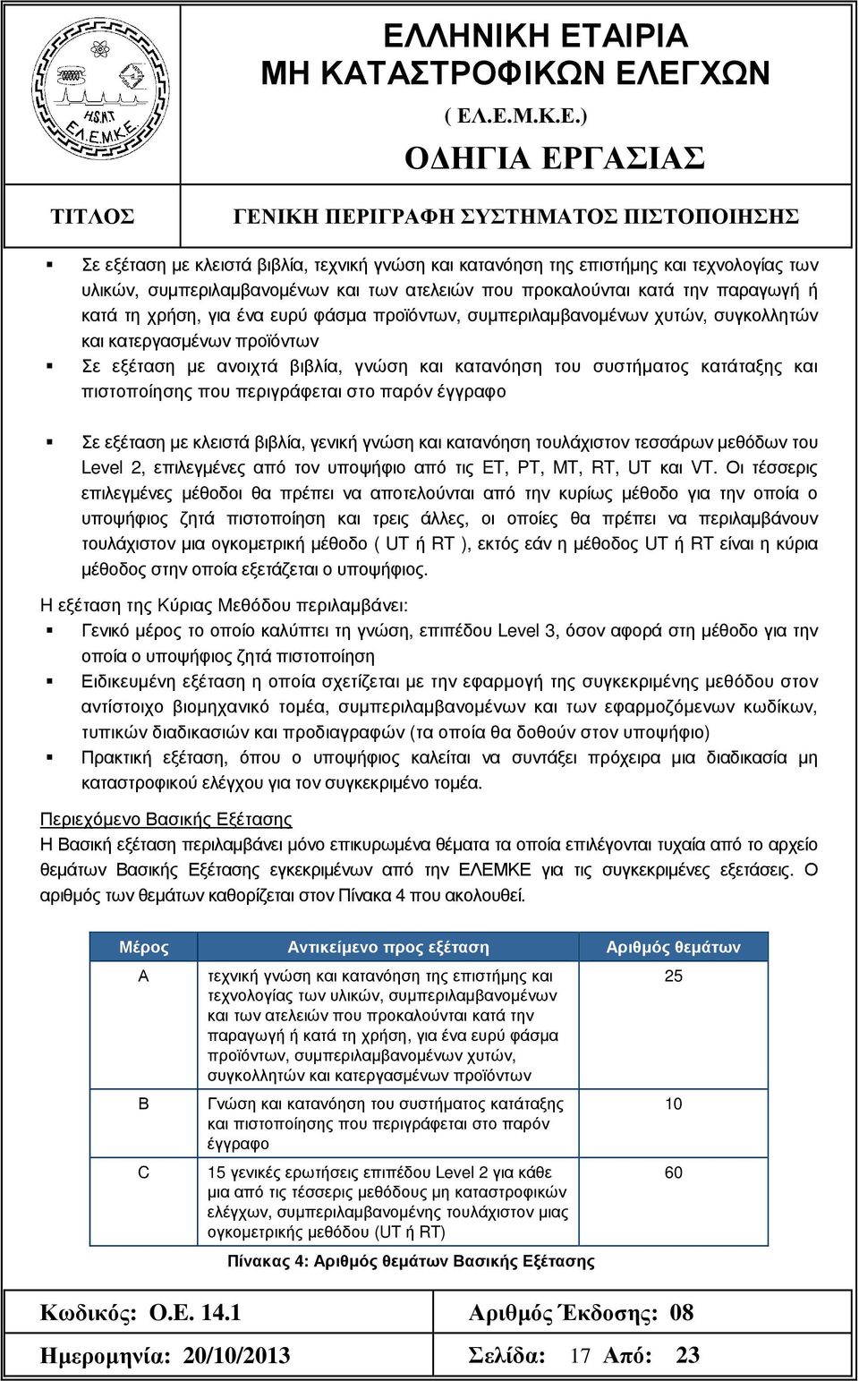 στο παρόν έγγραφο Σε εξέταση µε κλειστά βιβλία, γενική γνώση και κατανόηση τουλάχιστον τεσσάρων µεθόδων του Level 2, επιλεγµένες από τον υποψήφιο από τις ET, PT, MT, RT, UT και VT.