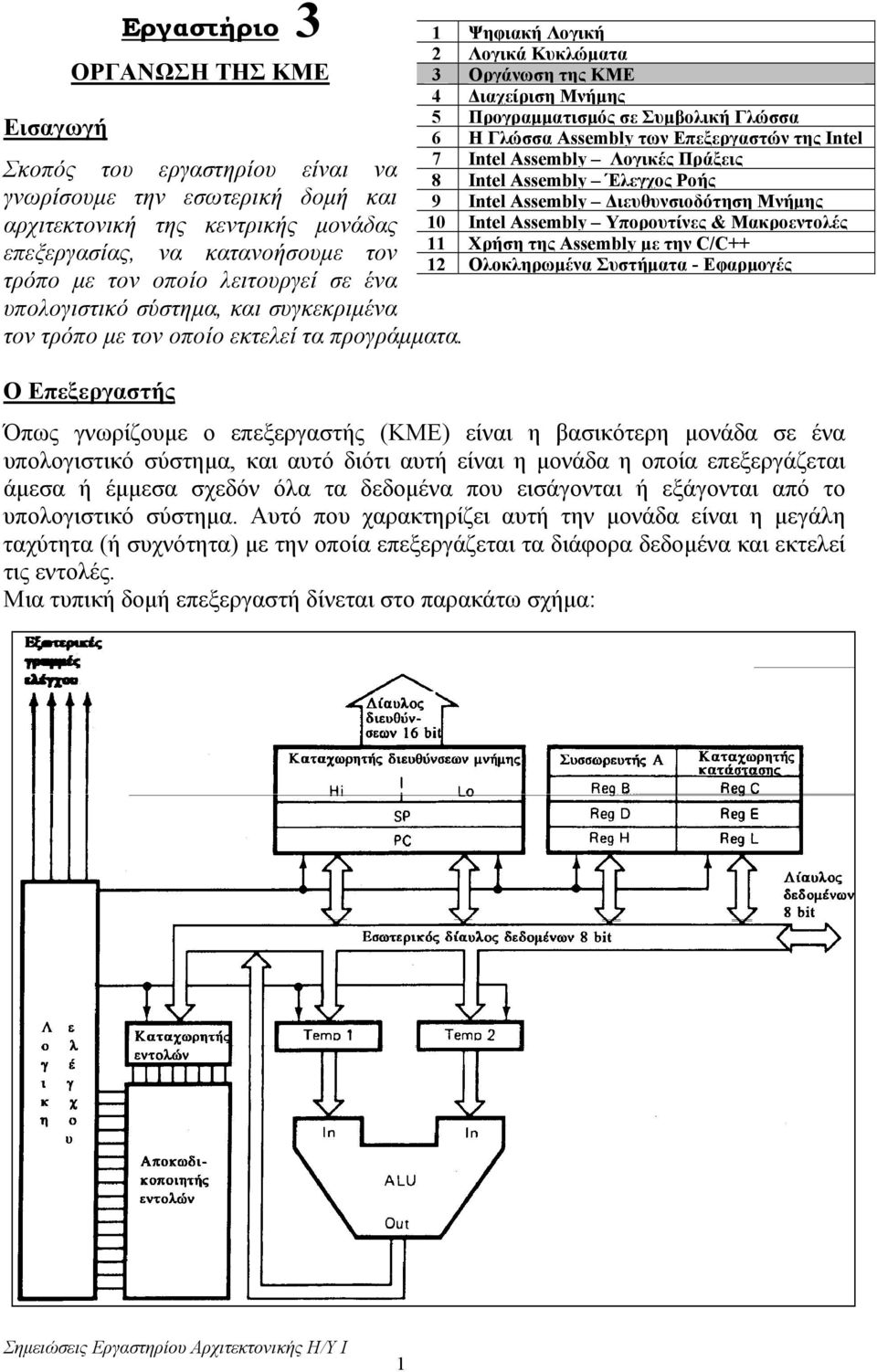 Ο Επεξεργαστής 1 Ψηφιακή Λογική 2 Λογικά Κυκλώµατα 3 Οργάνωση της ΚΜΕ 4 ιαχείριση Μνήµης 5 Προγραµµατισµός σε Συµβολική Γλώσσα 6 Η Γλώσσα Assembly των Επεξεργαστών της Intel 7 Intel Assembly Λογικές