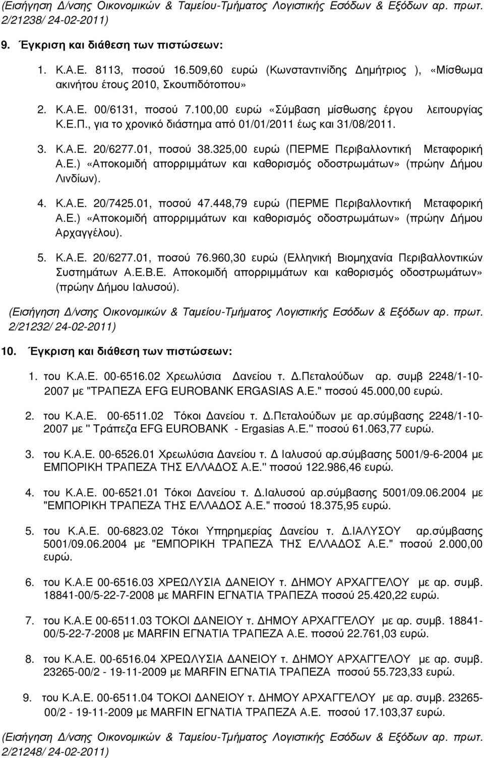 4. Κ.Α.Ε. 20/7425.01, ποσού 47.448,79 ευρώ (ΠΕΡΜΕ Περιβαλλοντική Μεταφορική Α.Ε.) «Αποκοµιδή απορριµµάτων και καθορισµός οδοστρωµάτων» (πρώην ήµου Αρχαγγέλου). 5. Κ.Α.Ε. 20/6277.01, ποσού 76.