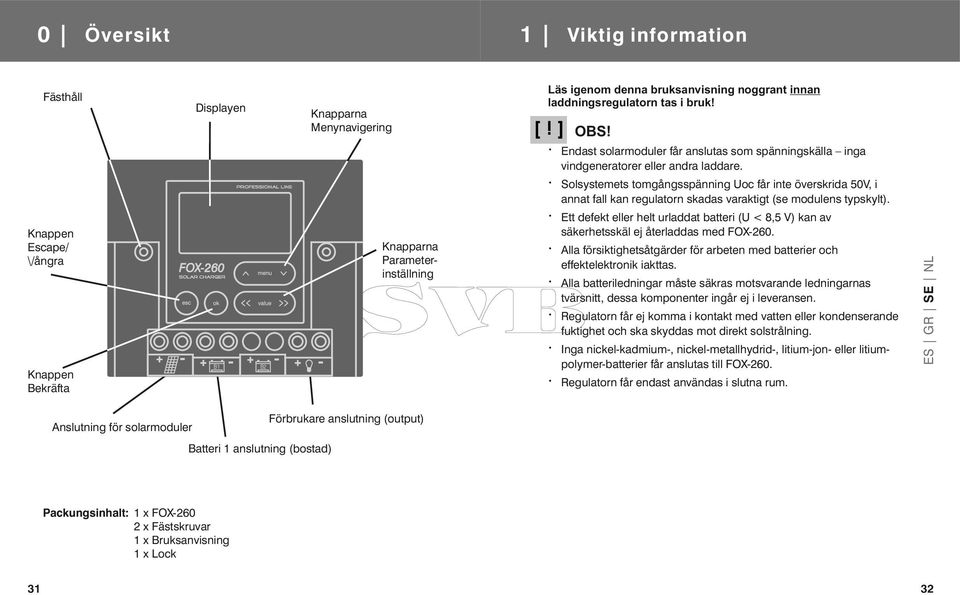 Solsystemets tomgångsspänning Uoc får inte överskrida 50V, i annat fall kan regulatorn skadas varaktigt (se modulens typskylt).