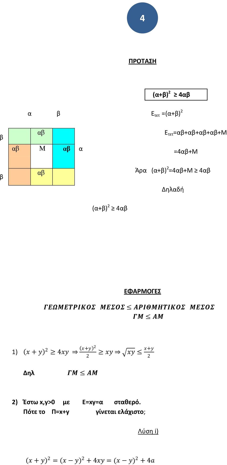 ΑΡΙΘΜΗΤΙΚΟΣ ΜΕΣΟΣ ΓΜ ΑΜ 1) x + y 4xy x+y xy xy x+y Δθλ ΓΜ ΑΜ ) Ζςτω x,y>0