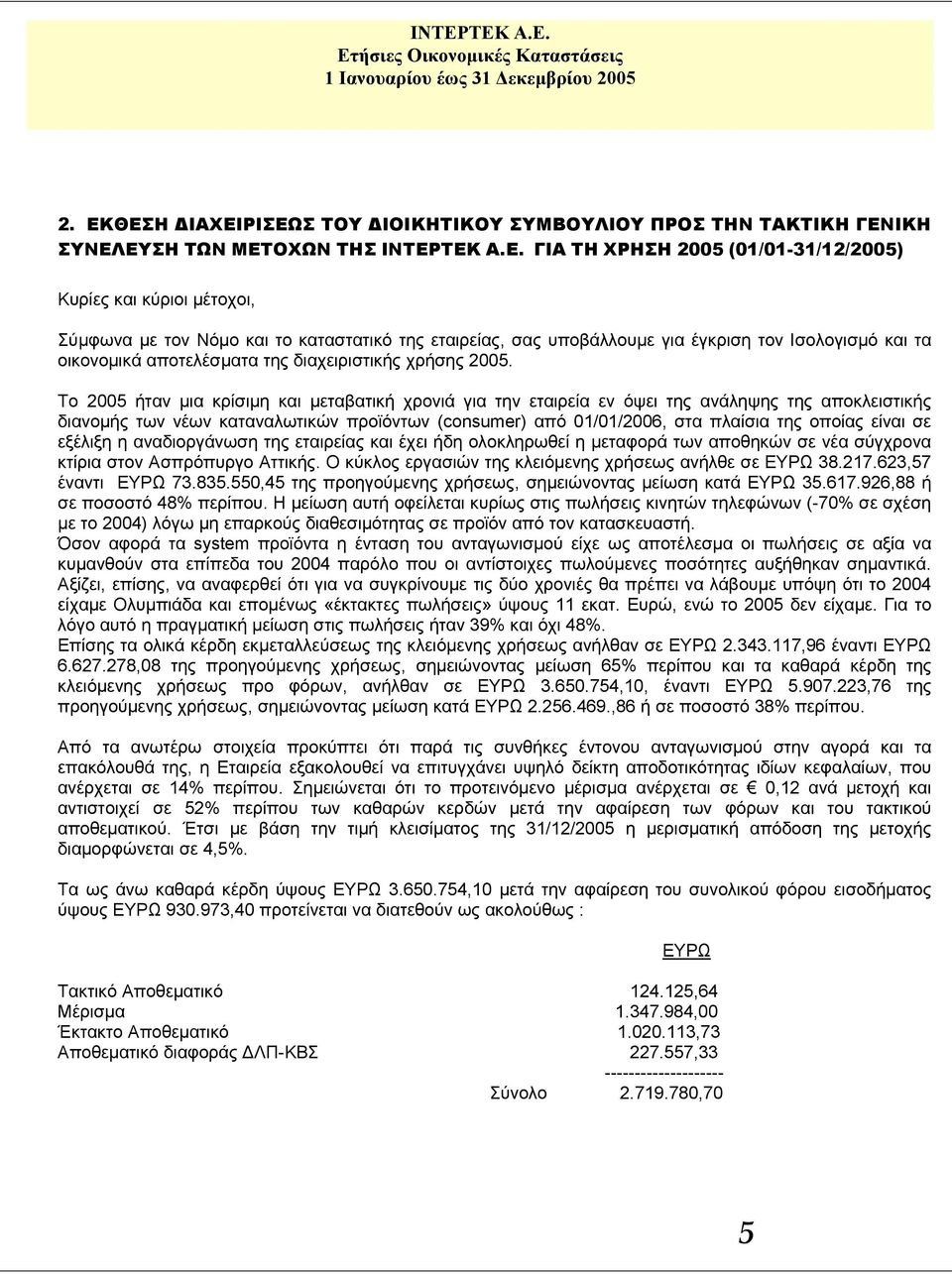 ΡΙΣΕΩΣ ΤΟΥ ΔΙΟΙΚΗΤΙΚΟΥ ΣΥΜΒΟΥΛΙΟΥ ΠΡΟΣ ΤΗΝ ΤΑΚΤΙΚΗ ΓΕΝΙΚΗ ΣΥΝΕΛΕΥΣΗ ΤΩΝ ΜΕΤΟΧΩΝ ΤΗΣ ΙΝΤΕΡΤΕΚ Α.Ε. ΓΙΑ ΤΗ ΧΡΗΣΗ 2005 (01/01-31/12/2005) Κυρίες και κύριοι μέτοχοι, Σύμφωνα με τον Νόμο και το