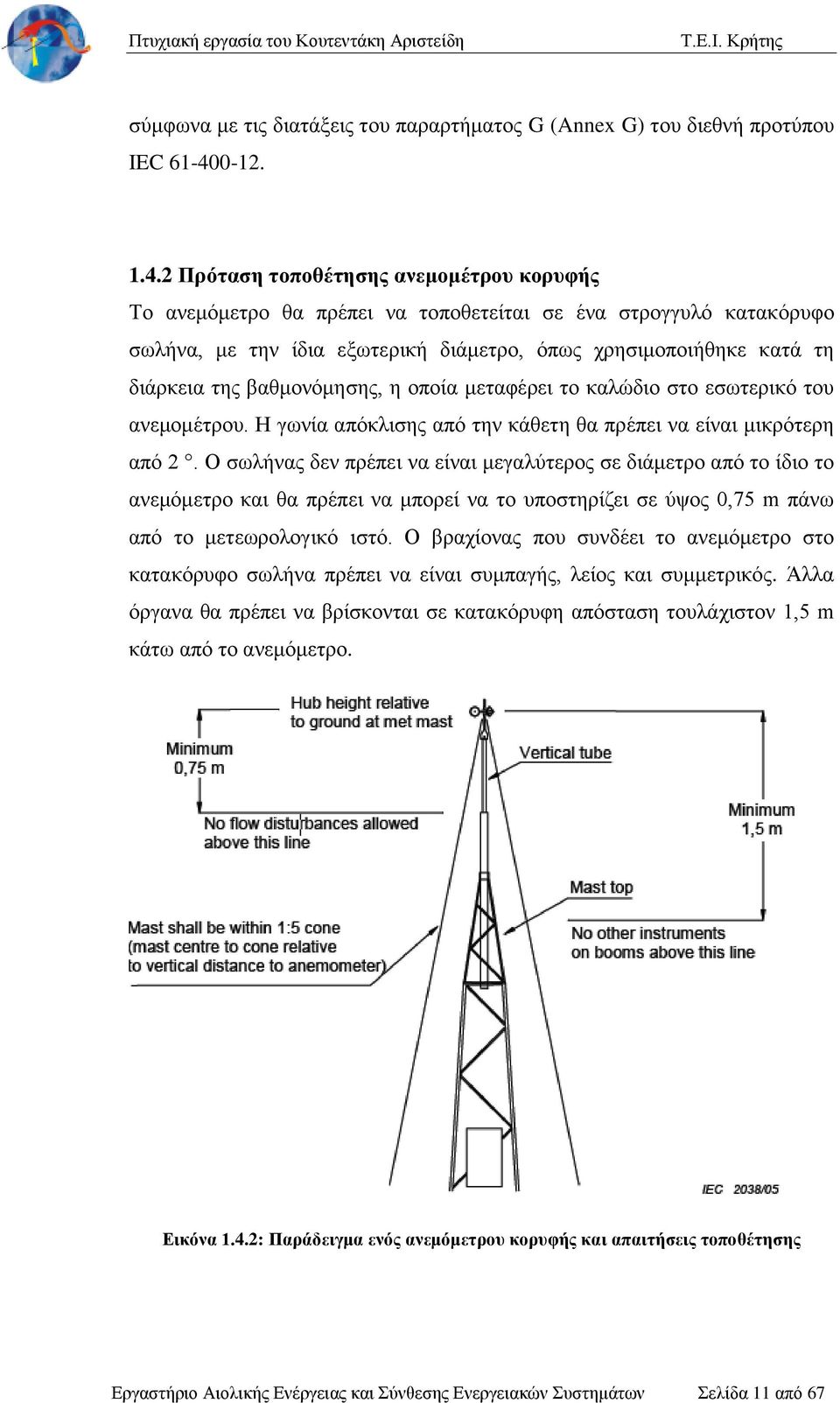 2 Πρόταση τοποθέτησης ανεμομέτρου κορυφής Το ανεμόμετρο θα πρέπει να τοποθετείται σε ένα στρογγυλό κατακόρυφο σωλήνα, με την ίδια εξωτερική διάμετρο, όπως χρησιμοποιήθηκε κατά τη διάρκεια της