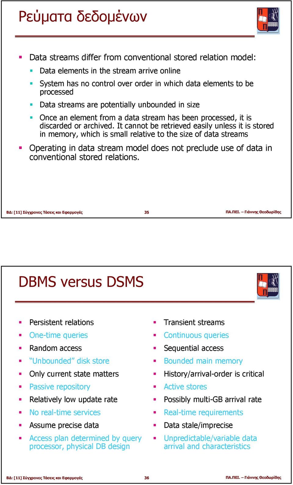 It cannot be retrieved easily unless it is stored in memory, which is small relative to the size of data streams Operating in data stream model does not preclude use of data in conventional stored