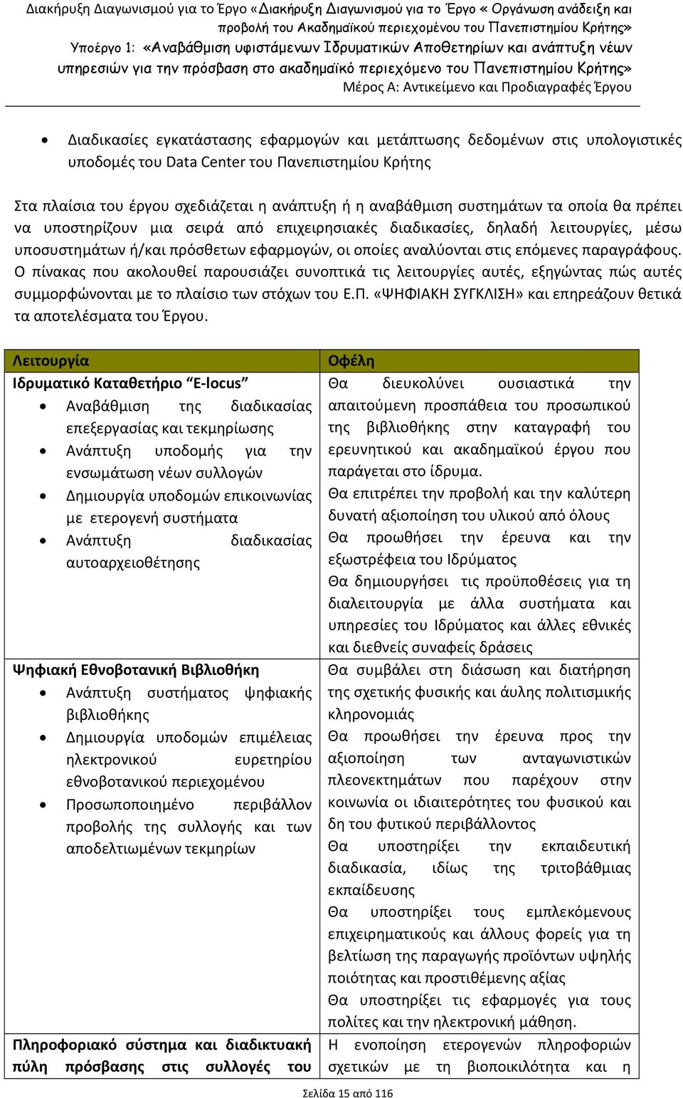 Ο πίνακας που ακολουθεί παρουσιάζει συνοπτικά τις λειτουργίες αυτές, εξηγώντας πώς αυτές συμμορφώνονται με το πλαίσιο των στόχων του Ε.Π.