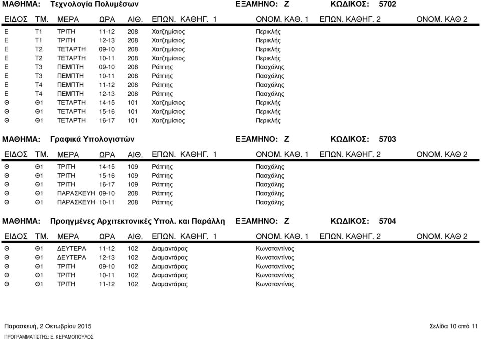 ΜΑΗΜΑ: Γραφικά Υπολογιστών ΕΞΑΜΗΝΟ: Ζ ΚΩΔΙΚΟΣ: 5703 ΜΕΡΑ ΩΡΑ ΑΙ. ΕΠΩΝ. ΚΑΗΓ. 1 ΟΝΟΜ. ΚΑ. 1 ΕΠΩΝ. ΚΑΗΓ. 2 ΟΝΟΜ.