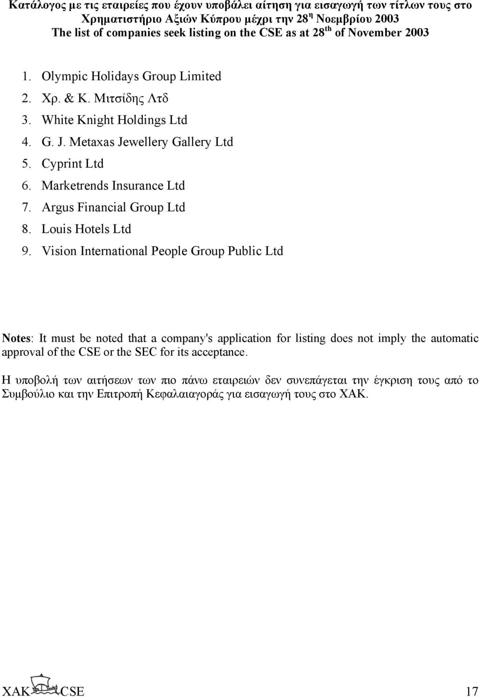 Argus Financial Group Ltd 8. Louis Hotels Ltd 9.