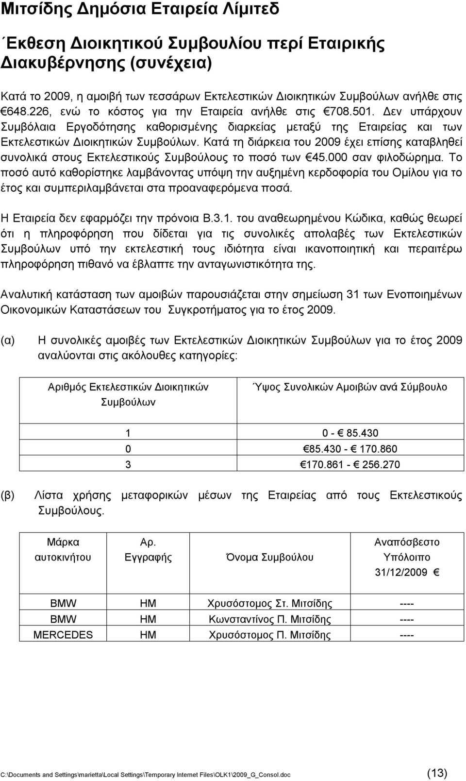 Κατά τη διάρκεια του 2009 έχει επίσης καταβληθεί συνολικά στους Εκτελεστικούς Συμβούλους το ποσό των 45.000 σαν φιλοδώρημα.